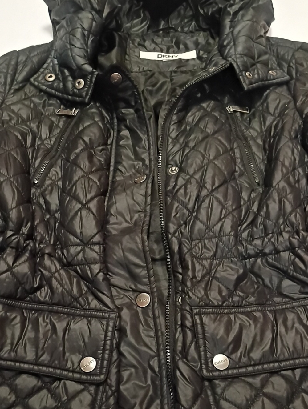 DKNY Womans Black Quilted Hooded Puffer Jacket Cinch Waist Zipper Accents